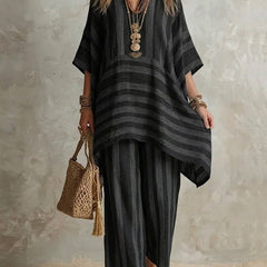 Black striped co-ord set: loose tunic top and matching wide-leg pants, V-neck