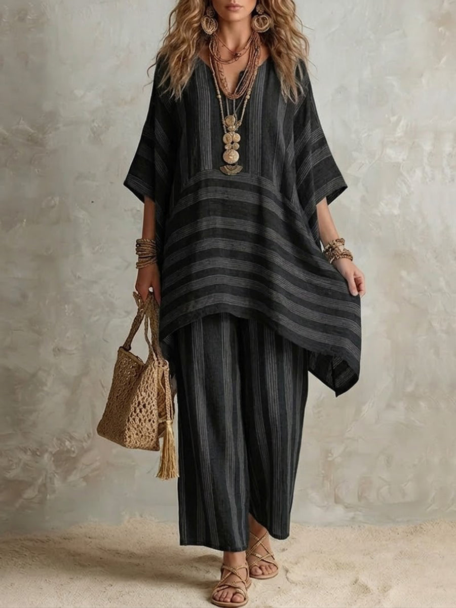 Black striped co-ord set: loose tunic top and matching wide-leg pants, V-neck