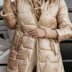 Leviana™ long quilted jacket in beige with hood, full zip, and padded quilted panels