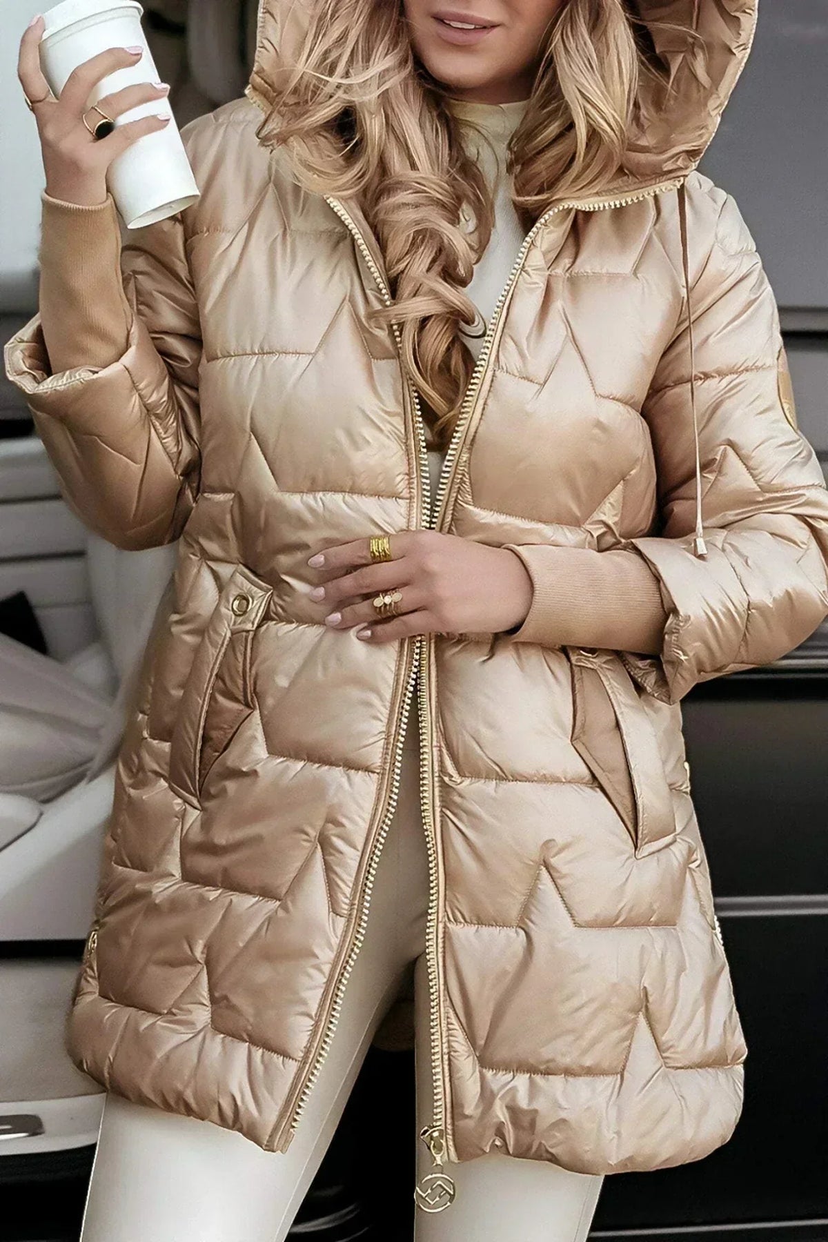 Leviana™ long quilted jacket in beige with hood, full zip, and padded quilted panels
