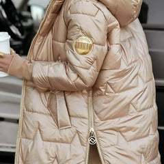 Leviana™ long quilted jacket in beige with hood, full zip, and quilted channel stitching