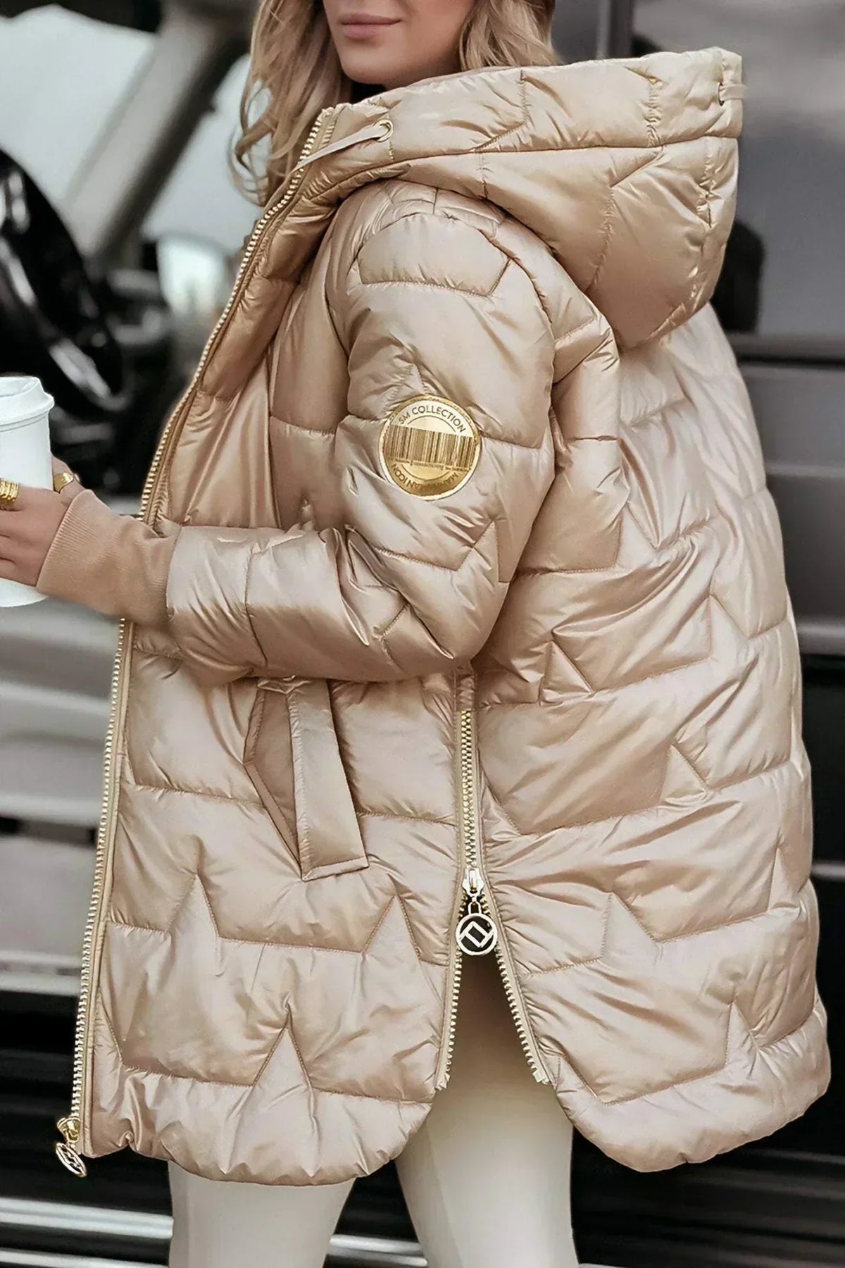 Leviana™ long quilted jacket in beige with hood, full zip, and quilted channel stitching
