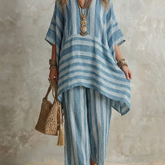 Blue striped co-ord set: loose tunic top and matching wide-leg pants, V-neck