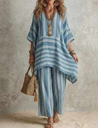 Blue striped co-ord set: loose tunic top and matching wide-leg pants, V-neck