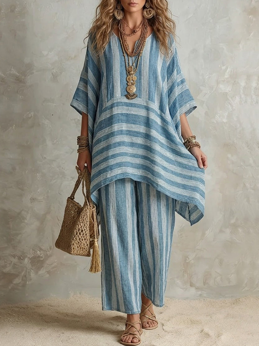 Blue striped co-ord set: loose tunic top and matching wide-leg pants, V-neck