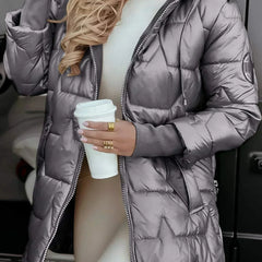 Leviana™ long quilted jacket in gray with full front zip and hood