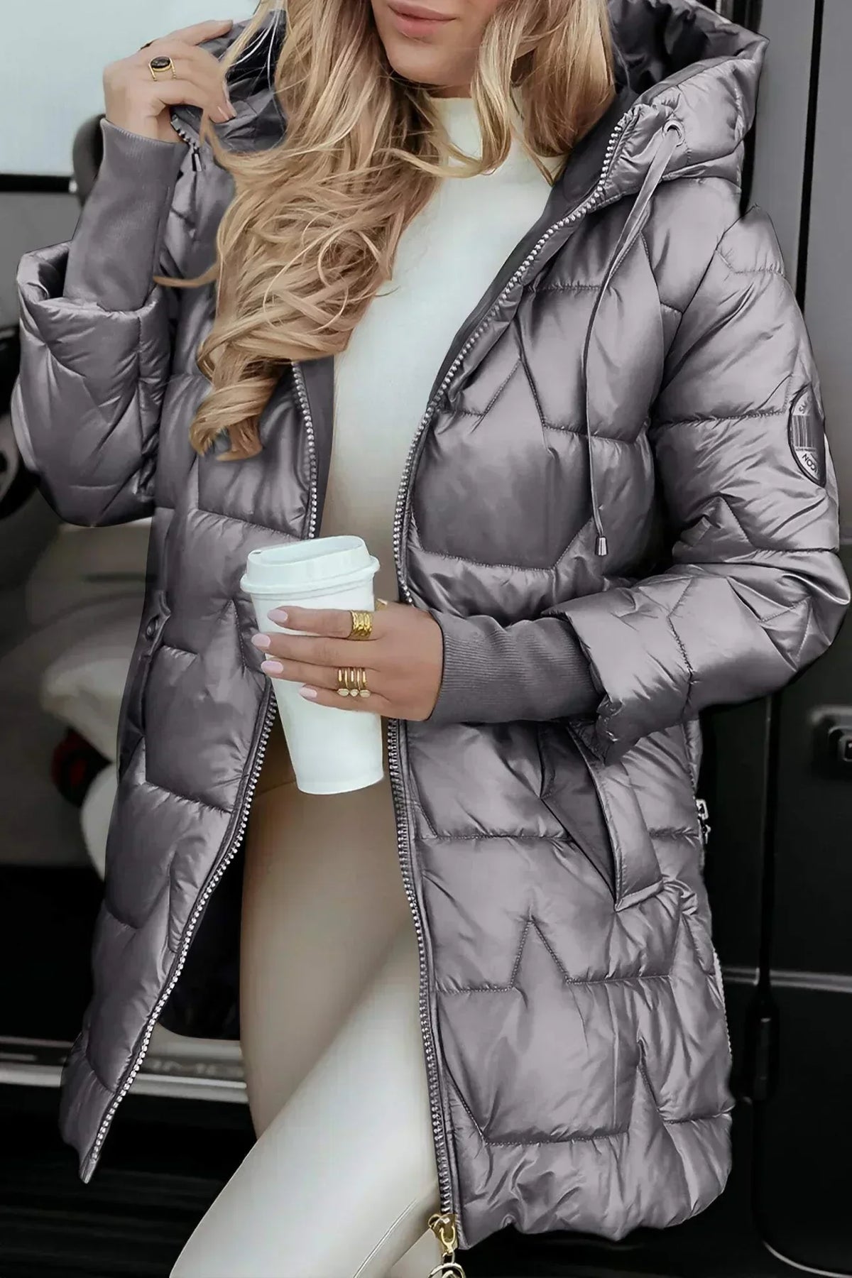 Leviana™ long quilted jacket in gray with full front zip and hood