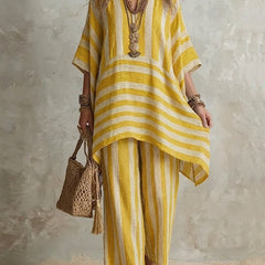 Yellow striped co-ord set: loose tunic top and matching wide-leg pants, V-neck