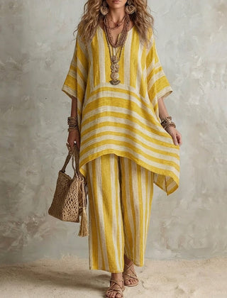 Yellow striped co-ord set: loose tunic top and matching wide-leg pants, V-neck