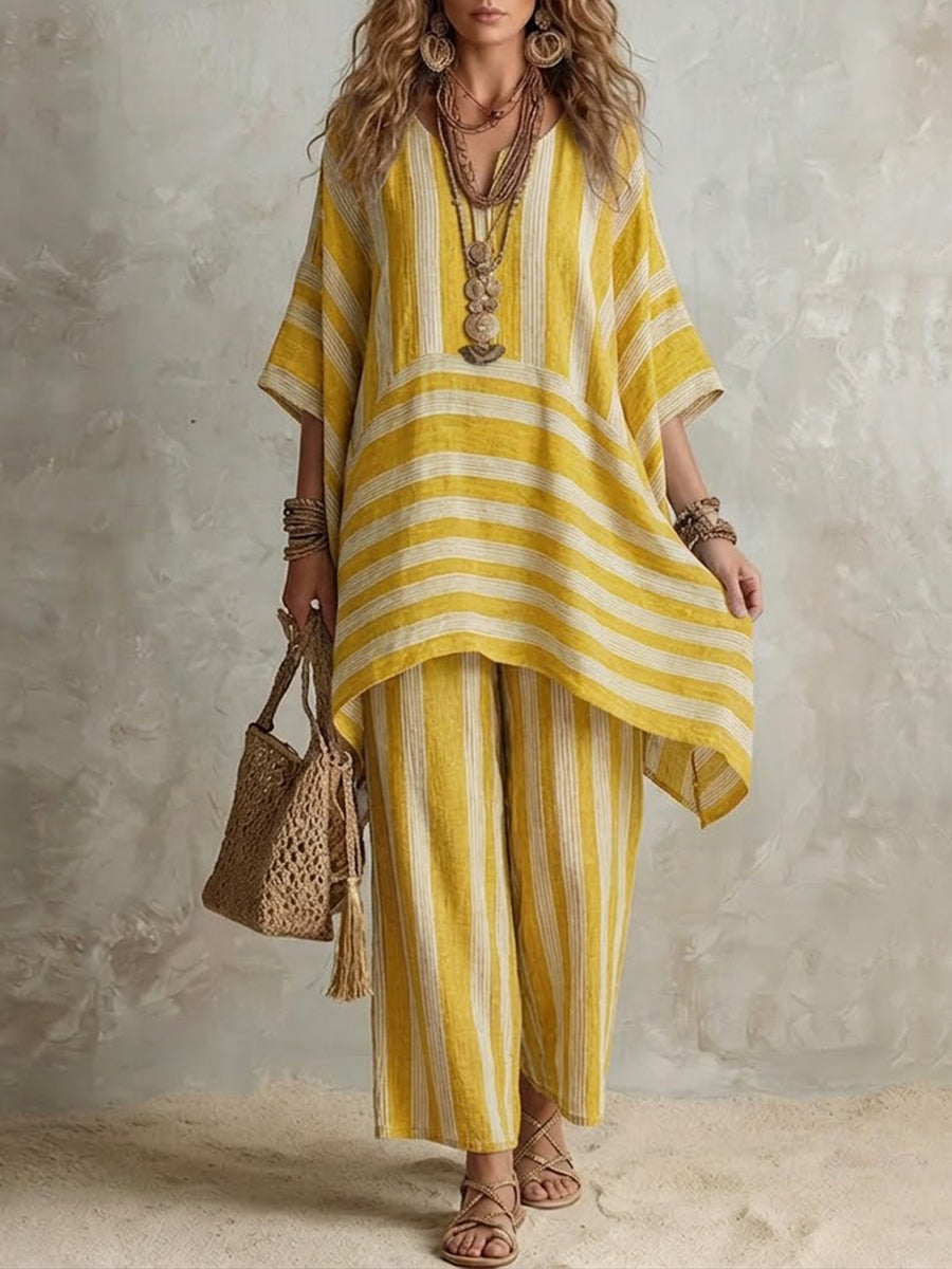 Yellow striped co-ord set: loose tunic top and matching wide-leg pants, V-neck