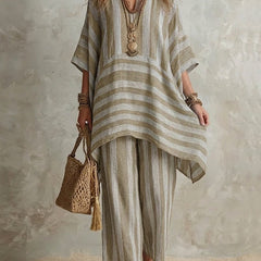 Cream striped co-ord set: loose tunic top and matching wide-leg pants, V-neck