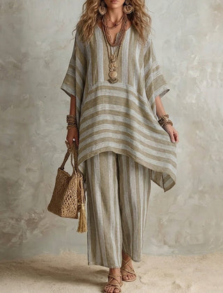 Cream striped co-ord set: loose tunic top and matching wide-leg pants, V-neck