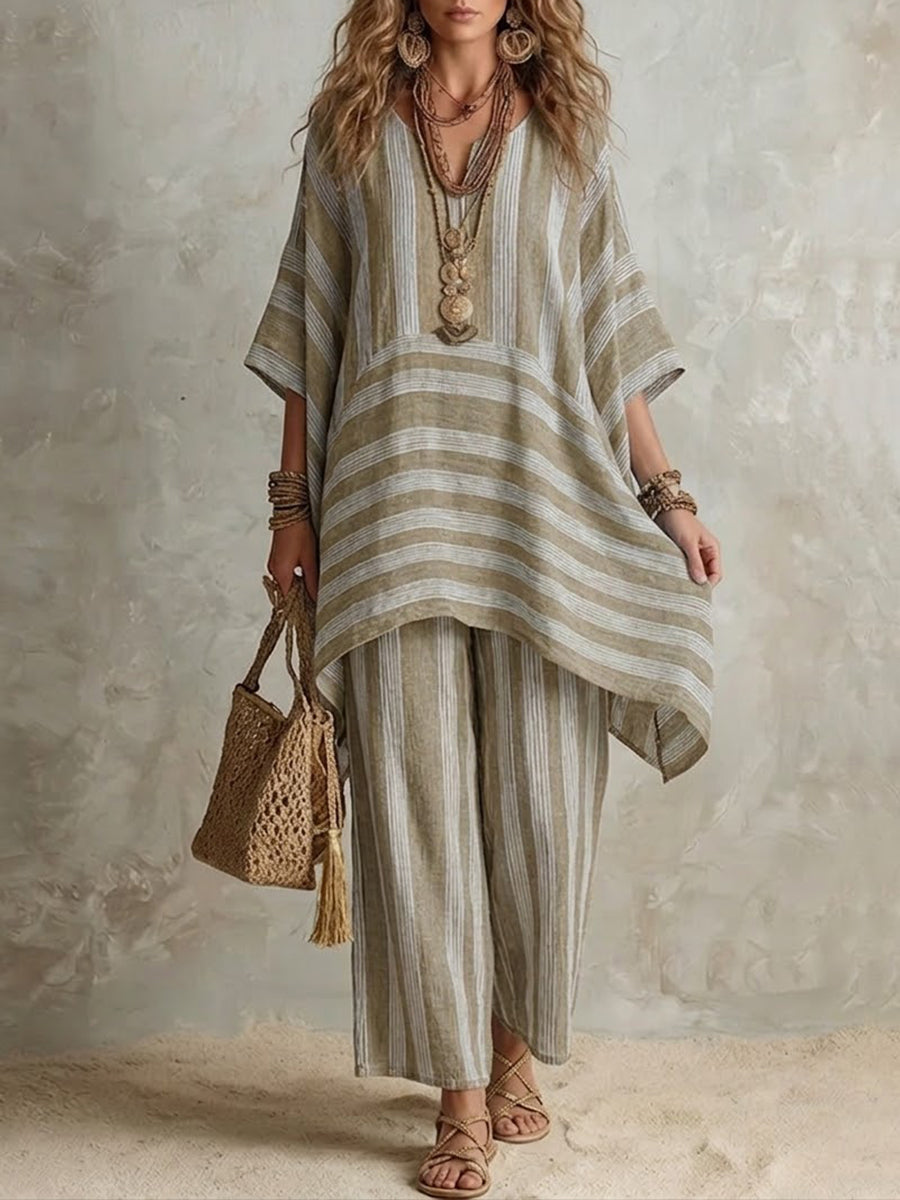 Cream striped co-ord set: loose tunic top and matching wide-leg pants, V-neck