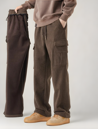 Brown cargo pants with drawstring waistband and side cargo pockets, ankle length