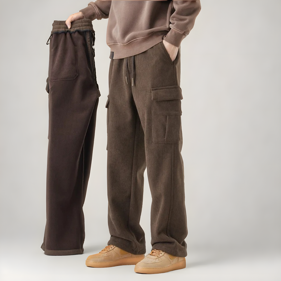 Brown cargo pants with drawstring waistband and side cargo pockets, ankle length