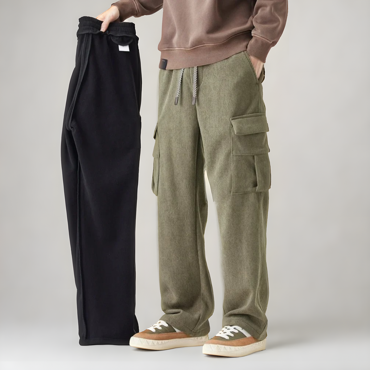 Green cargo pants with drawstring waistband and thigh cargo pocket with flap