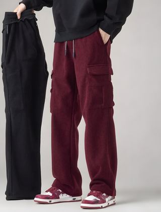 Burgundy cargo pants with drawstring waistband and side cargo pocket