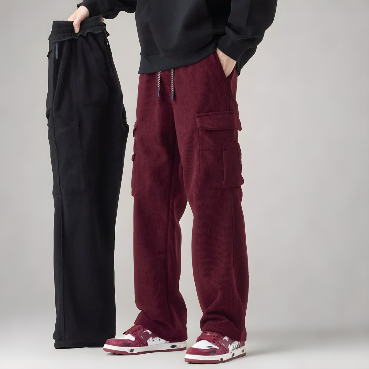 Burgundy cargo pants with drawstring waistband and side cargo pocket