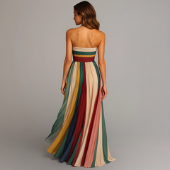 Strapless pleated maxi dress with multicolor striped skirt, back view