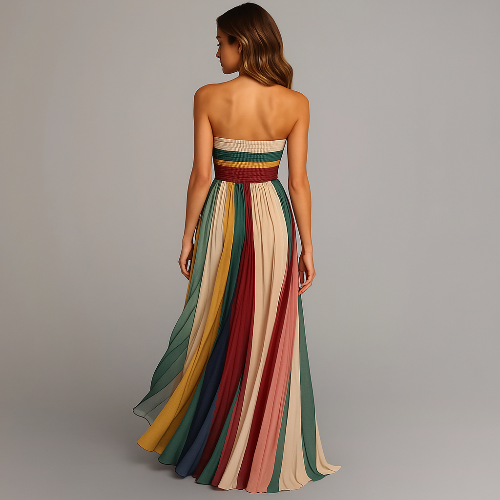 Strapless pleated maxi dress with multicolor striped skirt, back view