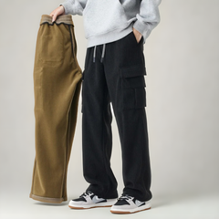 Brown and black cargo pants with drawstring waist and side cargo pockets