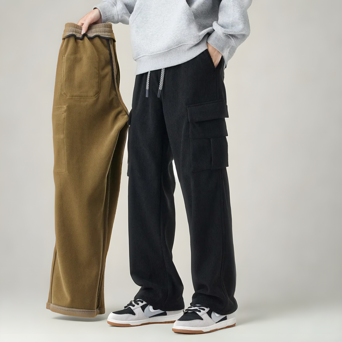 Brown and black cargo pants with drawstring waist and side cargo pockets
