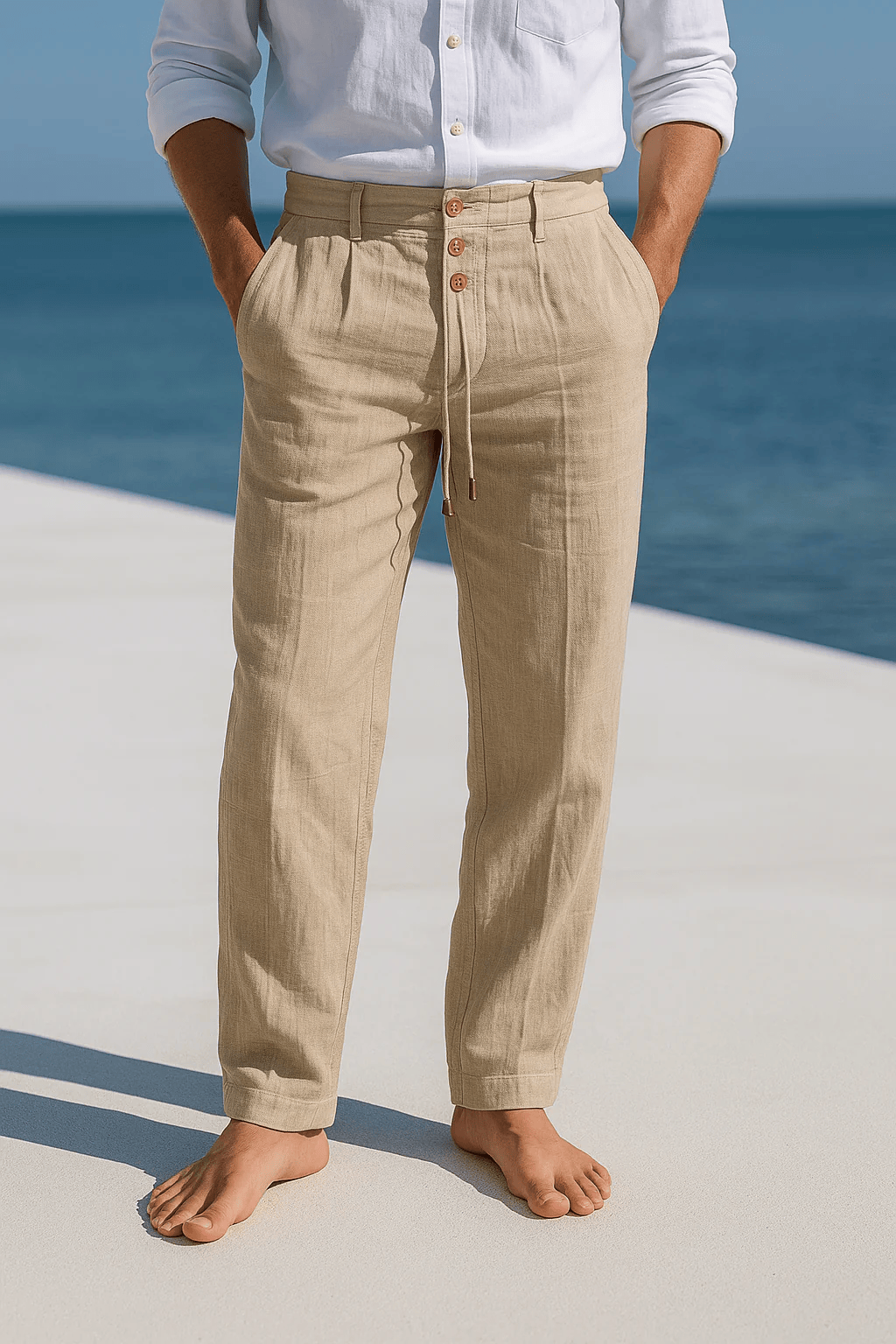 Khaki linen trousers with button front and drawstring waist, relaxed straight legs