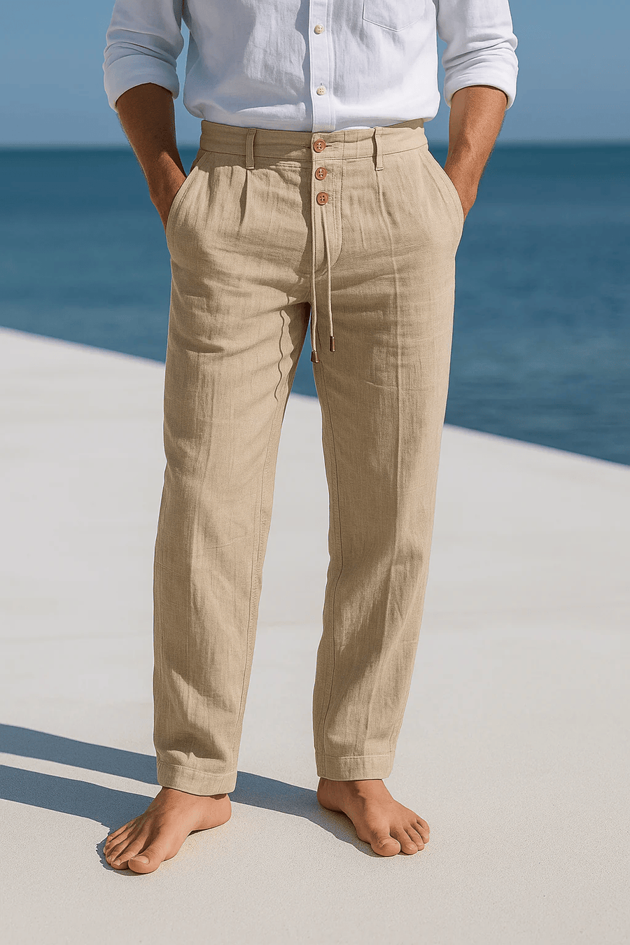 Khaki linen trousers with button front and drawstring waist, relaxed straight legs