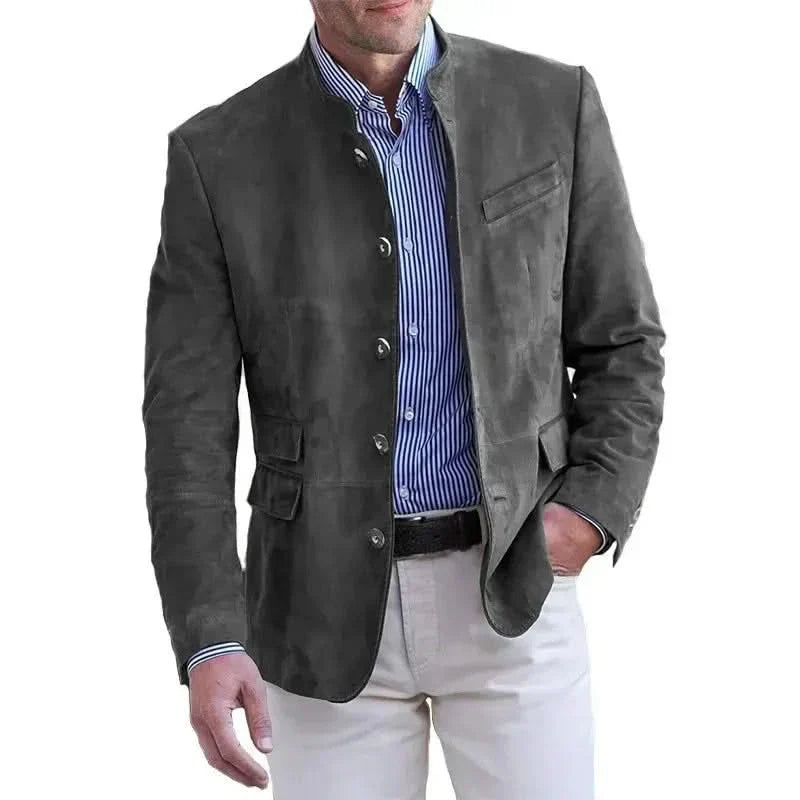 Dark gray suede classic blazer with button front and chest pocket