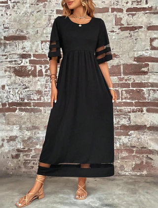 Black midi dress with round neck, gathered waist, and mesh stripe sleeve cutouts.