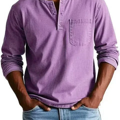 BRAMLEY classic henley shirt in purple, long sleeves, three-button placket, chest pocket.