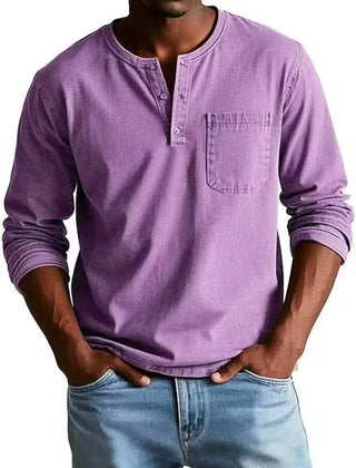 BRAMLEY classic henley shirt in purple, long sleeves, three-button placket, chest pocket.