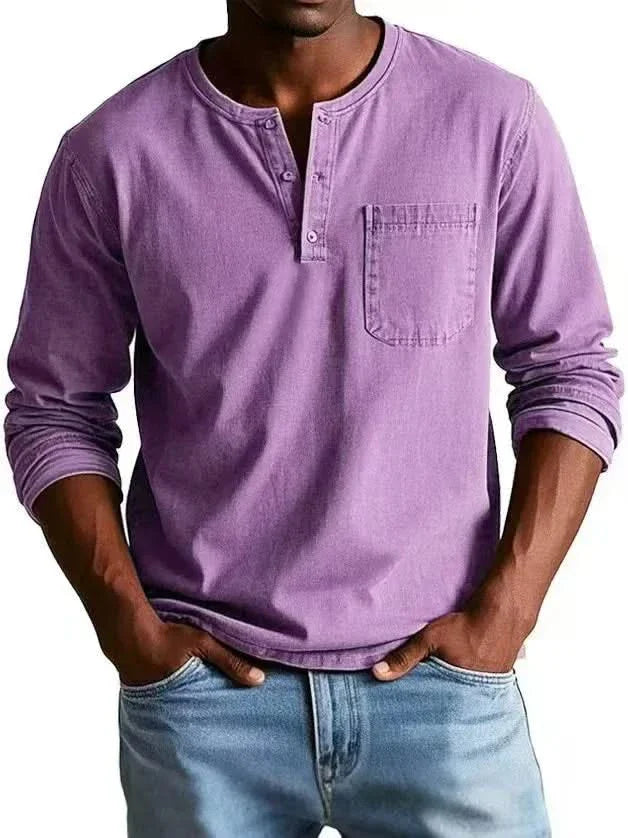 BRAMLEY classic henley shirt in purple, long sleeves, three-button placket, chest pocket.