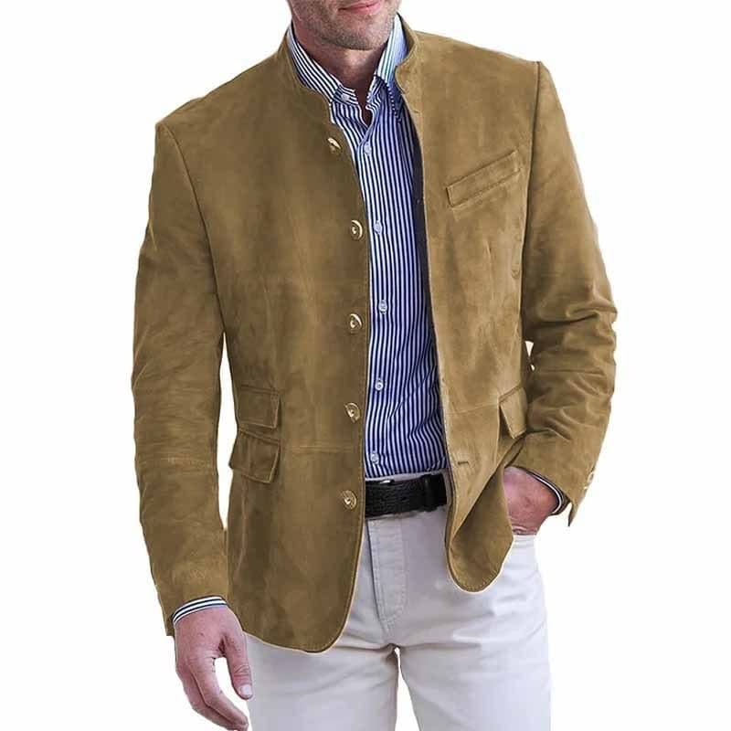 Khaki suede classic blazer with button front and chest pocket