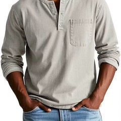BRAMLEY classic henley shirt in light gray, long sleeves, three-button placket, chest pocket.