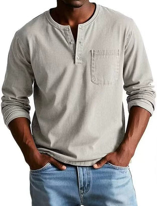 BRAMLEY classic henley shirt in light gray, long sleeves, three-button placket, chest pocket.