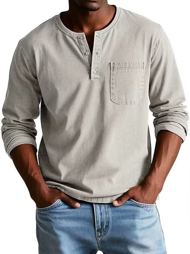 BRAMLEY classic henley shirt in light gray, long sleeves, three-button placket, chest pocket.