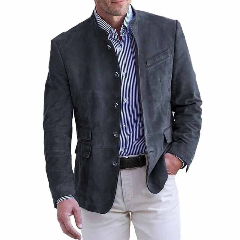 Charcoal suede classic blazer with button front and chest pocket