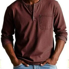 BRAMLEY classic henley shirt in dark brown, long sleeves, three-button placket, chest pocket.