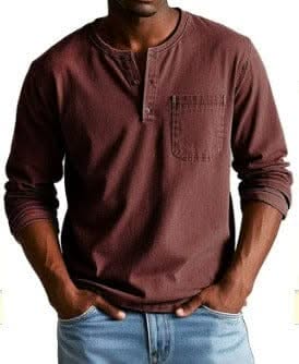 BRAMLEY classic henley shirt in dark brown, long sleeves, three-button placket, chest pocket.