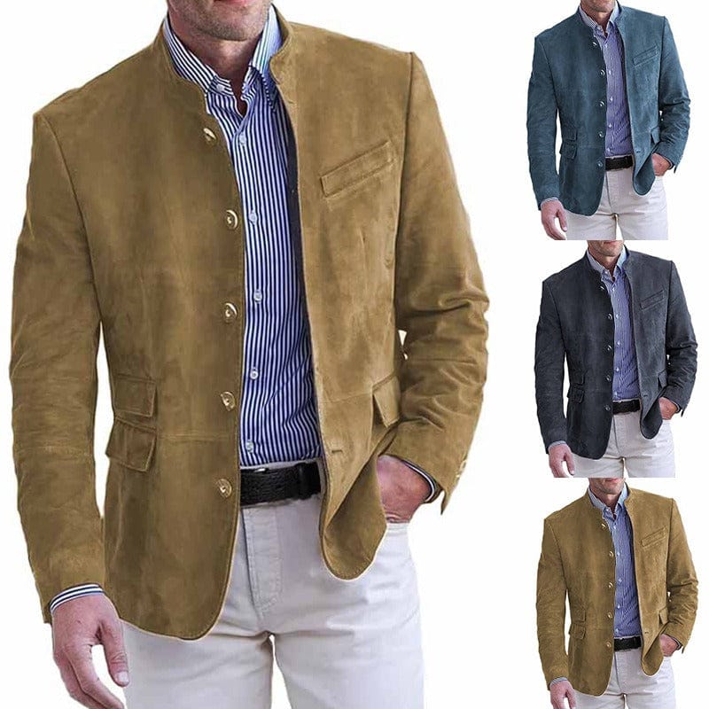 Suede blazer collage in khaki, charcoal, teal, and purple with button front