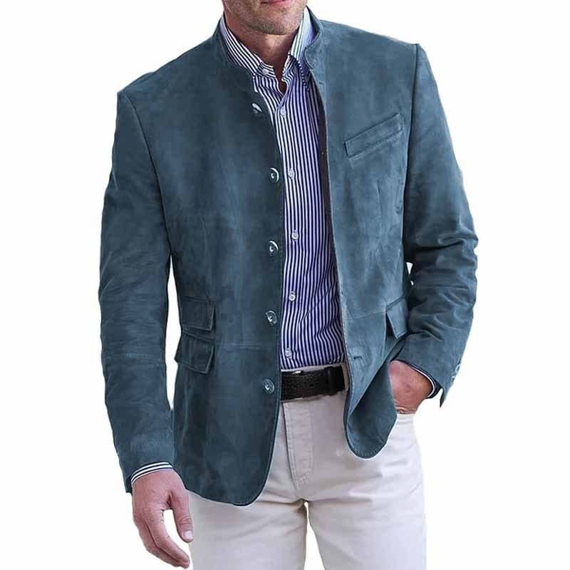 Sea blue suede classic blazer with button front and chest pocket