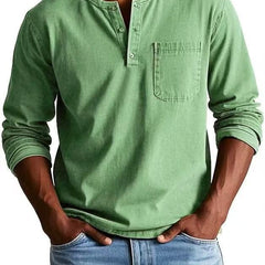 BRAMLEY classic henley shirt in green, long sleeves, three-button placket, chest pocket.