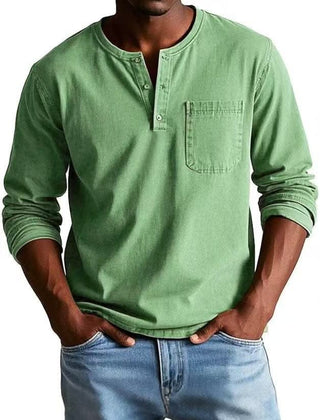 BRAMLEY classic henley shirt in green, long sleeves, three-button placket, chest pocket.