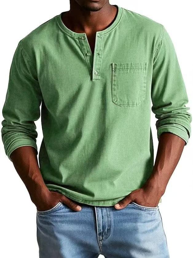 BRAMLEY classic henley shirt in green, long sleeves, three-button placket, chest pocket.