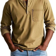 BRAMLEY classic henley shirt in khaki, long sleeves, three-button placket, chest pocket.