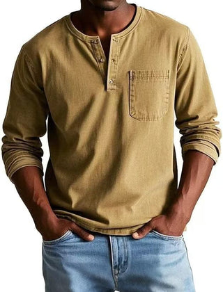 BRAMLEY classic henley shirt in khaki, long sleeves, three-button placket, chest pocket.