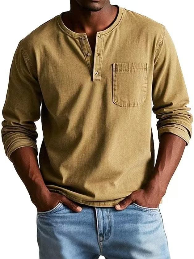 BRAMLEY classic henley shirt in khaki, long sleeves, three-button placket, chest pocket.