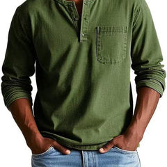 BRAMLEY classic henley shirt in dark green, long sleeves, three-button placket, chest pocket.