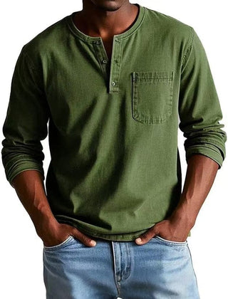 BRAMLEY classic henley shirt in dark green, long sleeves, three-button placket, chest pocket.